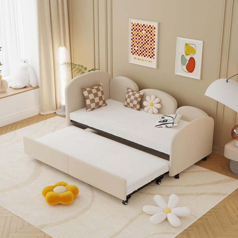 foto del prodotto letti con letti estraibili 90x200 cm divano letti 2 letti, letti estraibile con rotelle, spazio contenitore, velluto, beige, senza materasso