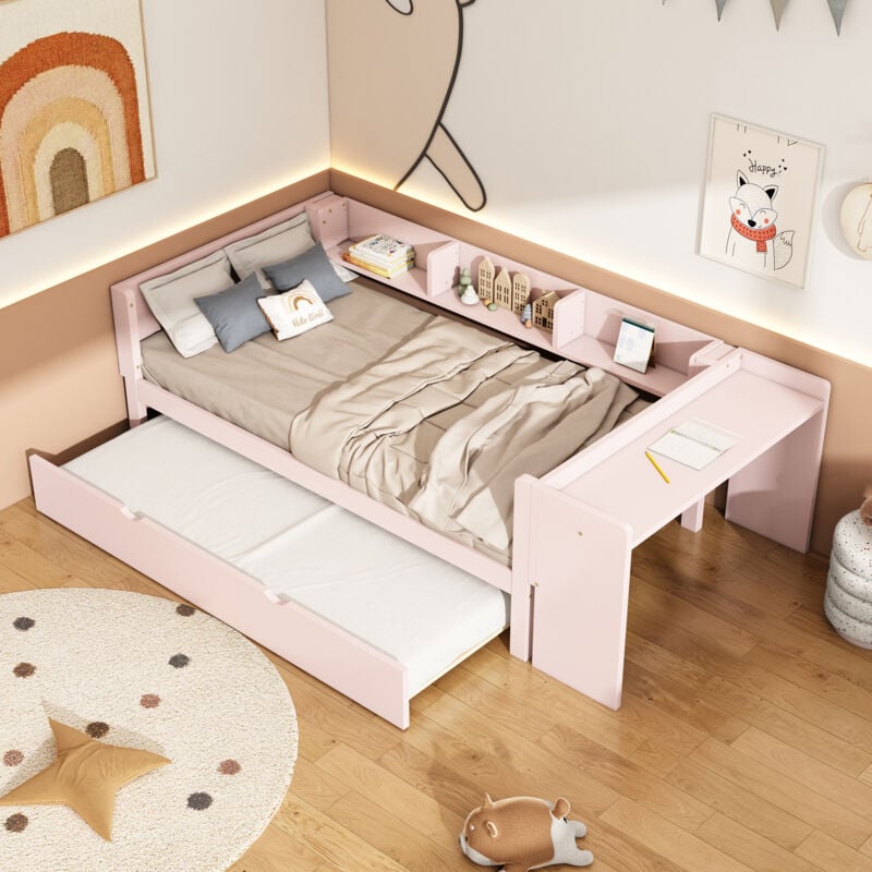 foto del prodotto letti con letti estraibili 90x200cm 90x180cm letti singoli per bambini con scrivania e ripiano, pino, senza materasso, rosa