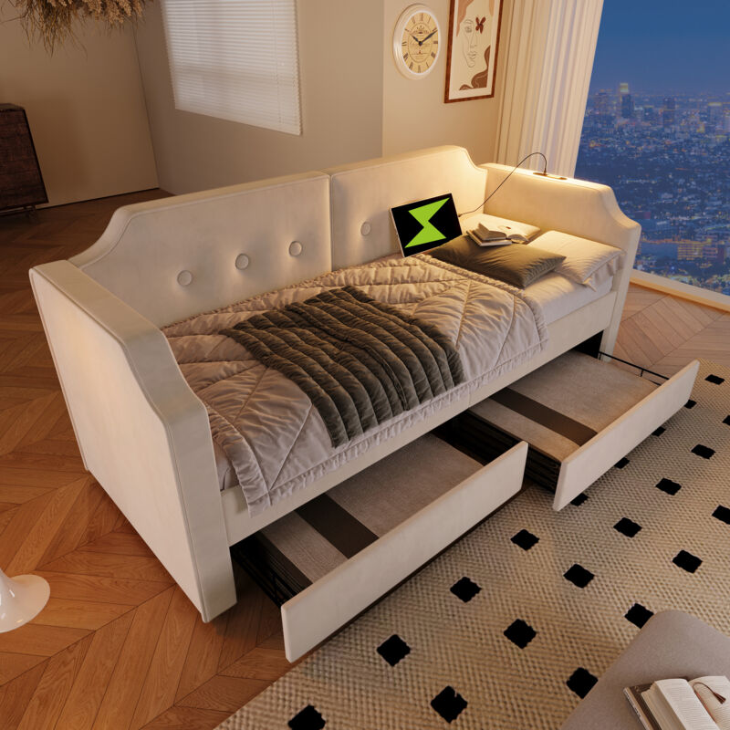 foto del prodotto letti con letti estraibili 90x200cm divano letti con 2 cassetti, rete a doghe, usb con e luce di lettura type c, velluto, beige, senza materasso