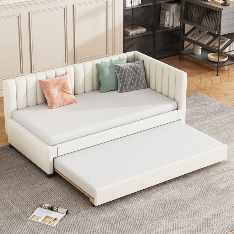 foto del prodotto letti con letti estraibili 90x200cm letti singoli per bambini, rete a doghe, velluto, senza materasso, beige
