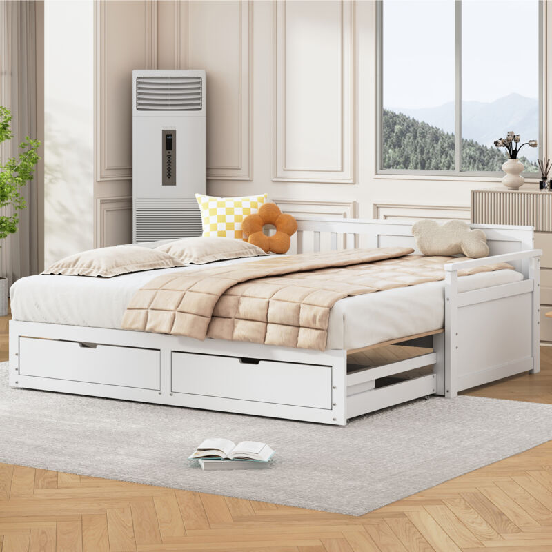 foto del prodotto letti con letti estraibili con letti estraibile 90 180 x 190 cm per adulti bambini, 2 cassetti, rete a doghe, legno, bianco, senza materasso, bianco