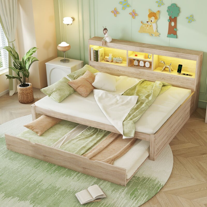 foto del prodotto letti con letti estraibili letti singoli per adulti bambini con testiera con contenitore, usb, pannello truciolare, senza materasso, 140x200 cm