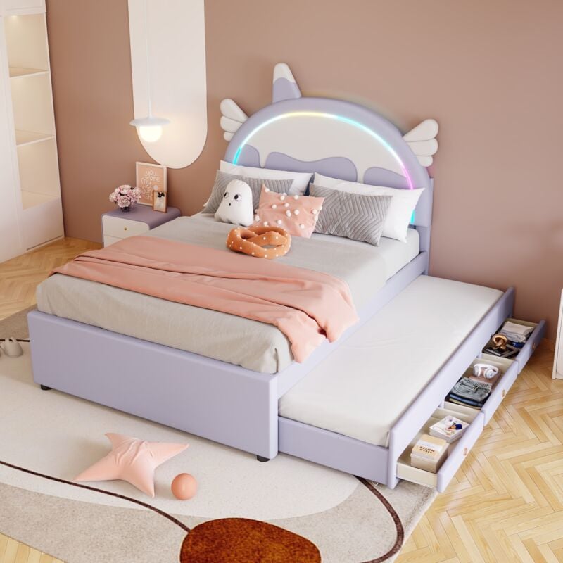 foto del prodotto letti con letti estraibili per bambini 140x200cm, letto estraibile, con cassetto, forma unicorno, o, senza materasso, viola