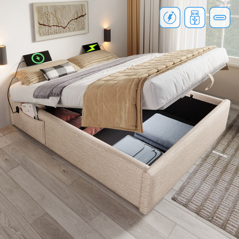 foto del prodotto letti contenitore 140 200 cm, letti imbottito per adulti, con usb c, senza testiera, lino, senza materasso, beige