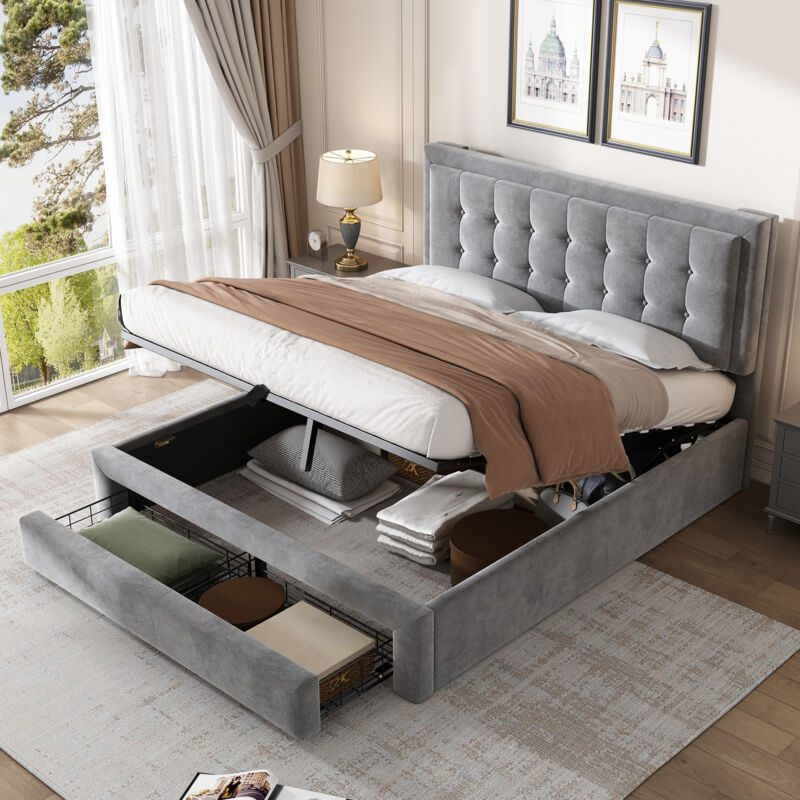 foto del prodotto letti contenitore 140 x 190 cm, letti matrimoniale per adulti con 2 cassetti, testiera regolabile in altezza, velluto, senza materasso, grigio