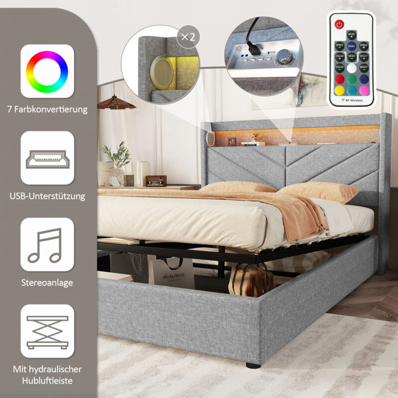 foto del prodotto letti contenitore 140x190cm letti matrimoniale per adulti, sistema idraulico, led, usb e suono con telecomando, lino, grigio modfu