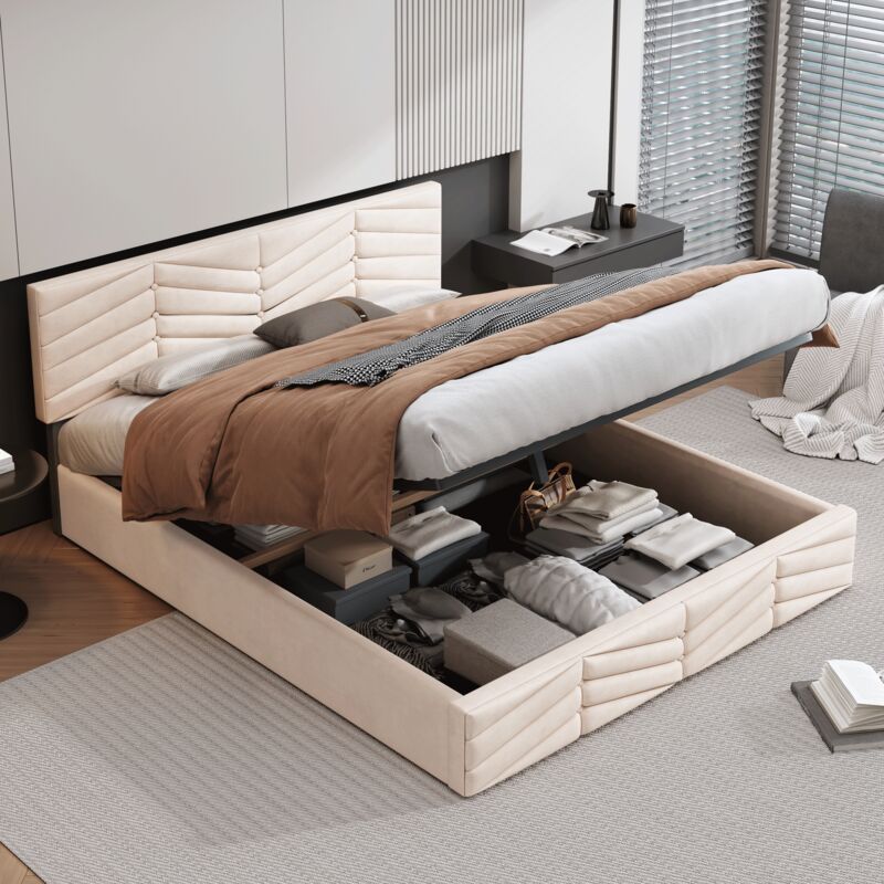 foto del prodotto letti contenitore 140x200 cm, letti matrimoniale adulto ragazzo imbottito, testiera regolabile in altezza, velluto, senza materasso, beige
