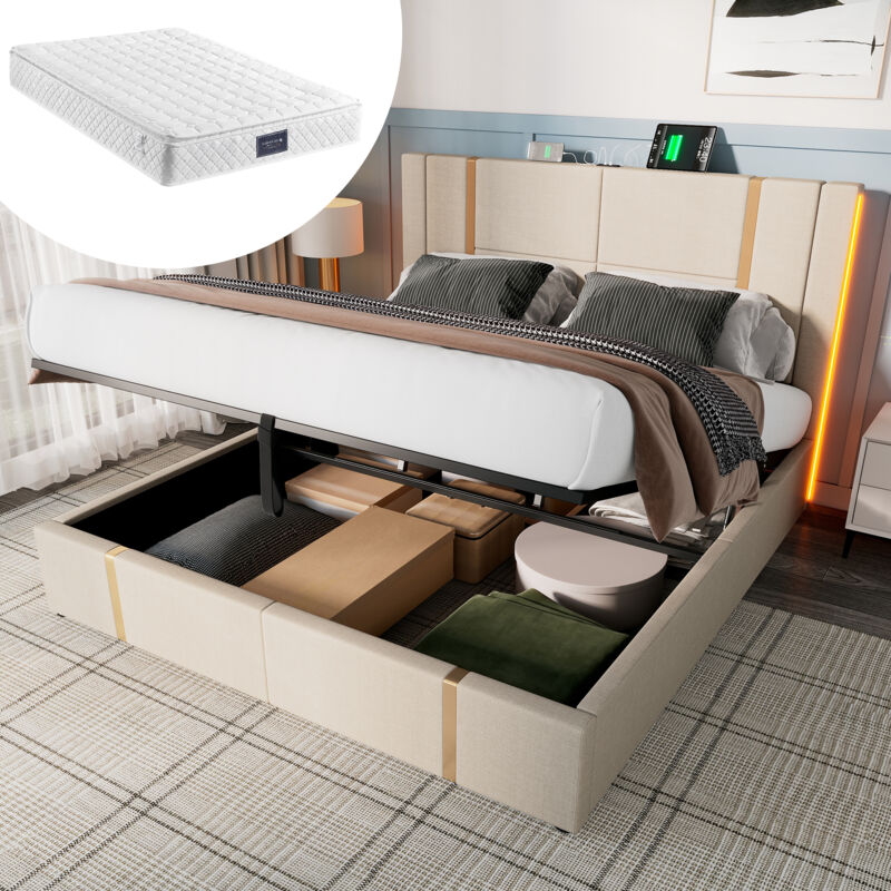 foto del prodotto letti contenitore 140x200 cm materasso incluso, letti per adulti con usb e type c, led controllabile tramite app, rete a doghe, lino, beige