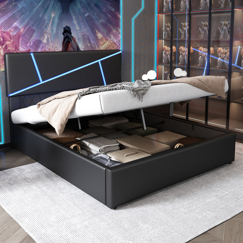 foto del prodotto letti contenitore 140x200 cm, strisce luminose led e presa usb, idraulico, letti matrimoniale imbottito per adulti, pu, senza materasso, nero