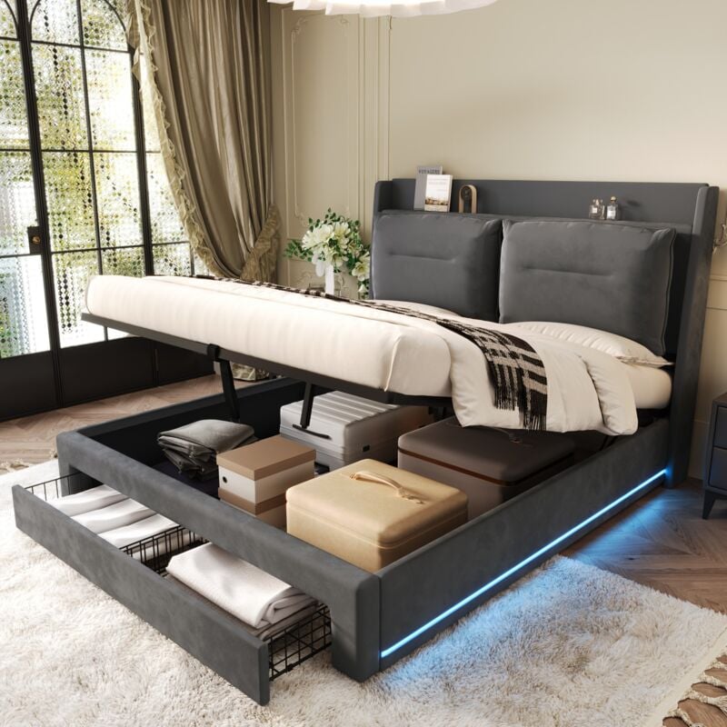 foto del prodotto letti contenitore 140x200cm letti matrimoniale per adulti con cassetto 2 in 1, rete a doghe, led, velluto, senza materasso, grigio scuro