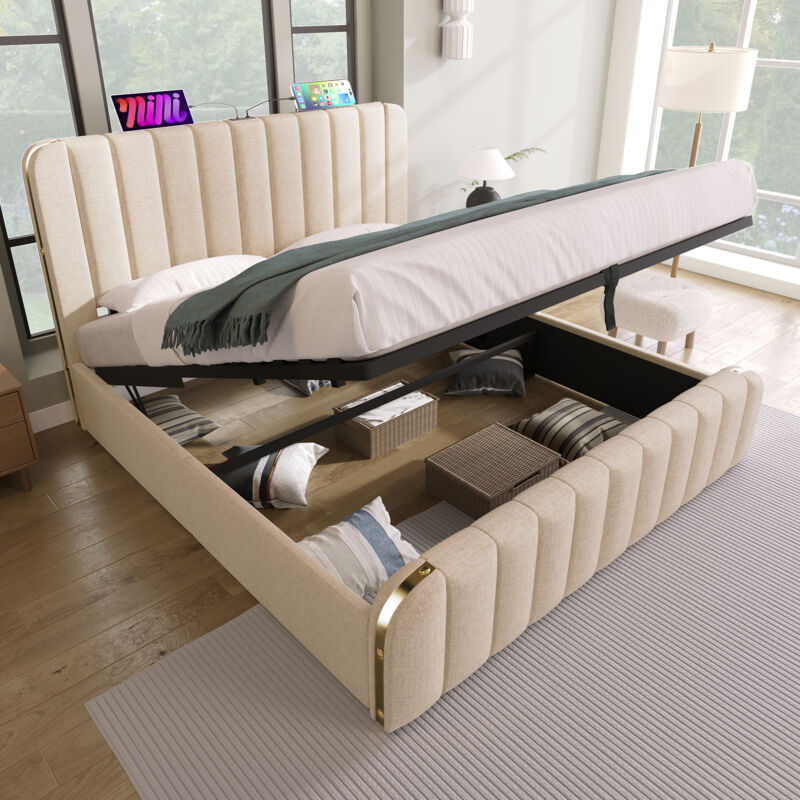 foto del prodotto letti contenitore 140x200cm letti per adulti, con funzione di contenitore idraulico, con decorazione a strisce dorate, usb e type c, lino, senza