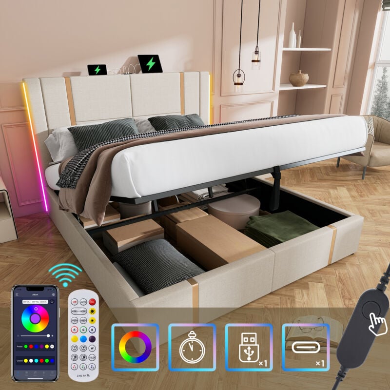 foto del prodotto letti contenitore 140x200cm, letti per adulti con usb e type c, led controllabile tramite app, rete a doghe, lino, beige, senza materasso