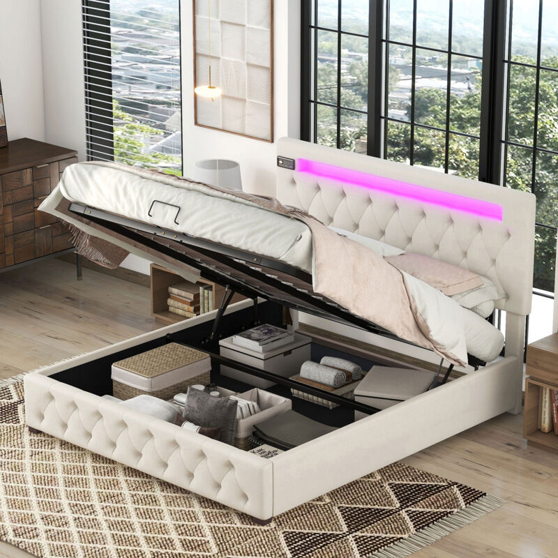 foto del prodotto letti contenitore 140x200cm letti per adulti, letti singoli con usb, testiera regolabile, con led e lettore bluetooth, biancheria, senza materasso,