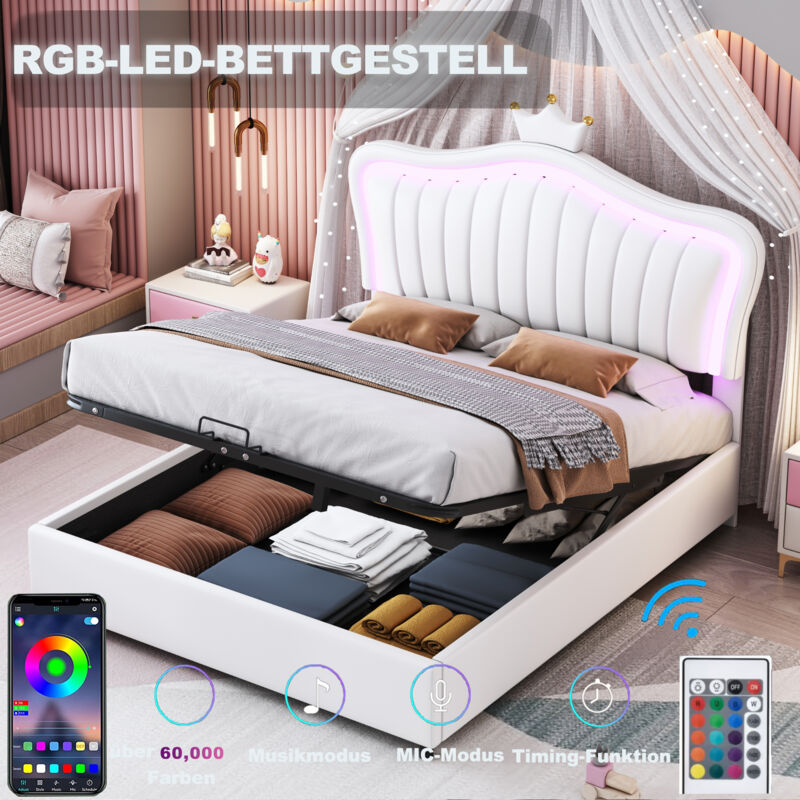 foto del prodotto letti contenitore 140x200cm letti per bambini, letti singoli, con contenitore idraulico e led, testiera con modanatura a corona, pu, senza