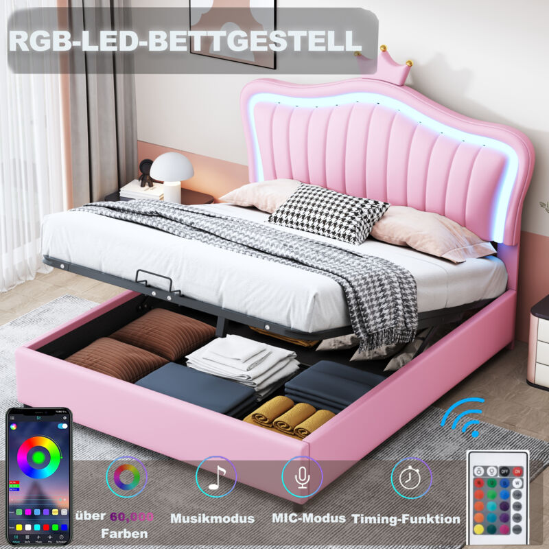 foto del prodotto letti contenitore 140x200cm letti per bambini, letti singoli, con contenitore idraulico e led, testiera con modanatura a corona, pu, senza