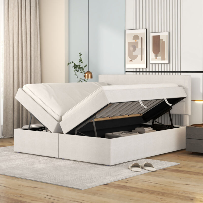 immagine 0 del prodotto letti contenitore 140x200cm matrimoniale per adulti, rete a doghe, apribile su entrambi i lati, senza materasso, mdf e lino, beige modfu