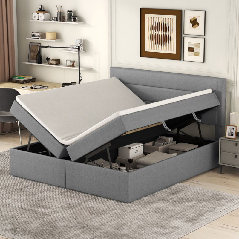 foto del prodotto letti contenitore 140x200cm matrimoniale per adulti, rete a doghe, apribile su entrambi i lati, senza materasso, mdf e lino, grigio modfu