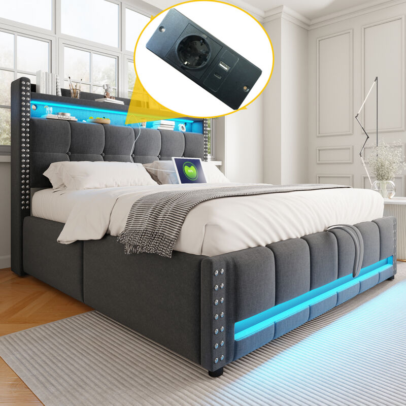 foto del prodotto letti contenitore 160x200 cm, illuminazione led e presa usb, idraulico, letti matrimoniale imbottito per adulti, biancheria, senza materasso, grigio