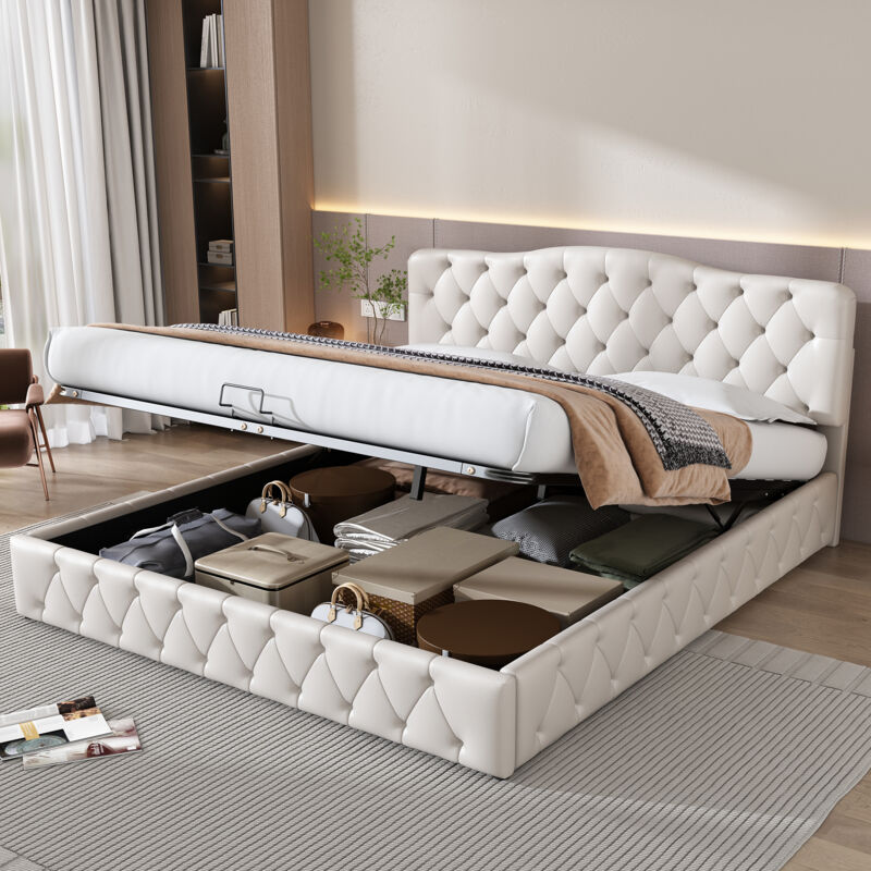 foto del prodotto letti contenitore 180 x 200 cm, letti matrimoniale per adulti imbottito, testiera regolabile in altezza, idraulico, pu, senza materassi, bianco