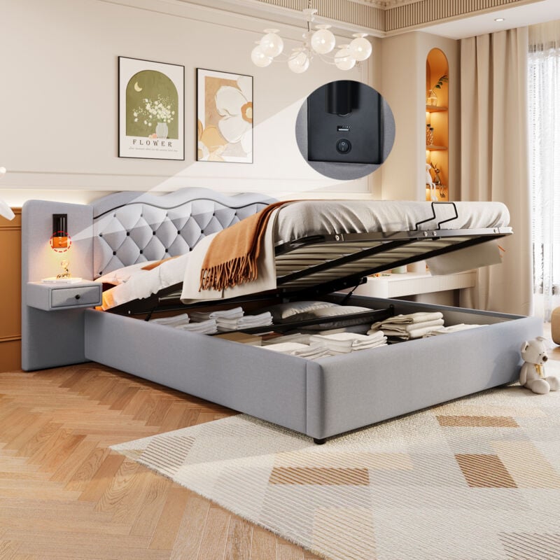 foto del prodotto letti contenitore 180x200 cm, letti matrimoniale adulto imbottito, usb, 2 lampade da comodino, idraulico, biancheria, senza materasso, grigio