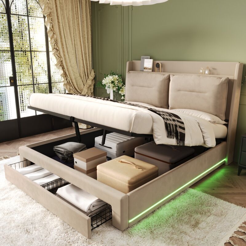 foto del prodotto letti contenitore 180x200cm letti matrimoniale per adulti con cassetto 2 in 1, rete a doghe, led, velluto, senza materasso, beige