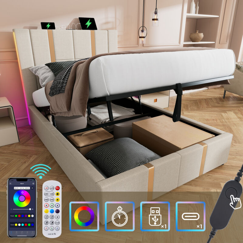foto del prodotto letti contenitore 90x200 cm materasso incluso, letti per adulti con usb e type c, led controllabile tramite app, rete a doghe, lino, beige