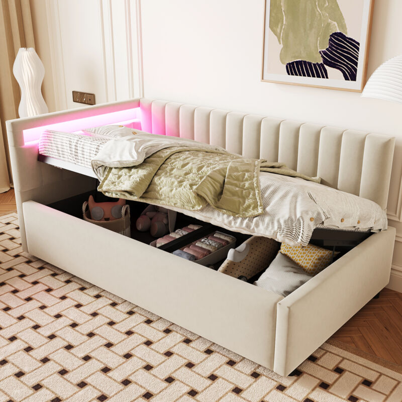 foto del prodotto letti contenitore 90x200cm divani letti singoli per adulti bambini, idraulico, rete a doghe, led, velluto, senza materasso, beige modfu