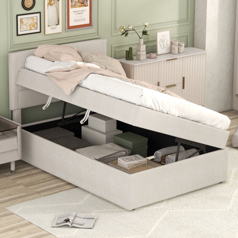 foto del prodotto letti contenitore 90x200cm letti singoli adulti bambini, rete a doghe, mdf e lino, senza materasso, beige modfu