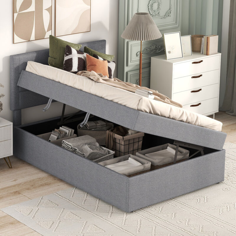 foto del prodotto letti contenitore 90x200cm letti singoli adulti bambini, rete a doghe, mdf e lino, senza materasso, grigio modfu