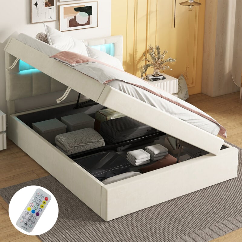 foto del prodotto letti contenitore 90x200cm letti singoli bambini adulti, testiera regolabile, led, velluto, senza materasso, beige modfu
