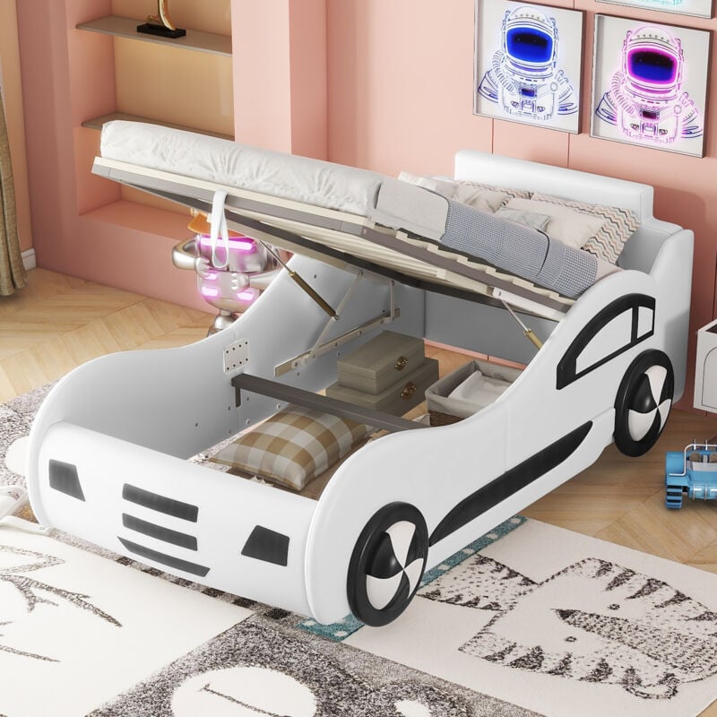 foto del prodotto letti contenitore 90x200cm, modello letti bambino auto, con spazio di stoccaggio, pu mdf, senza materasso, bianco