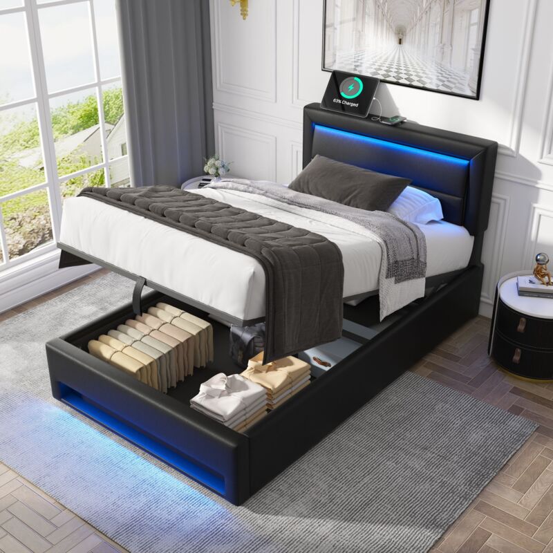 foto del prodotto letti contenitore, letti singoli per bambini adulti 90x200cm, usb supporta ricarica wireless e cablata , led, pu, senza materasso, nero modfu