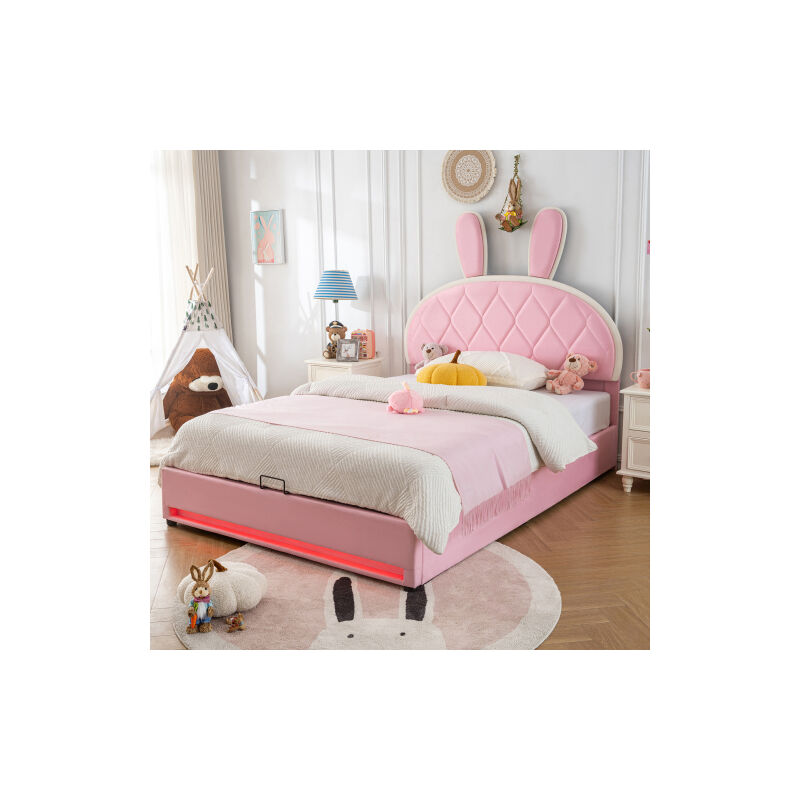 foto del prodotto letti contenitore letto per adulti letto imbottito 140x200 cm con testiera regolabile, decorazione orecchie di coniglio, senza materasso, velluto,