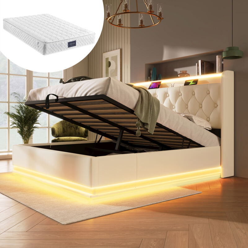 immagine 0 del prodotto letti contenitore per adulti bambini, led con telecomando, usb e type c, idraulico, pu, 140x200cm, materasso incluso, bianco