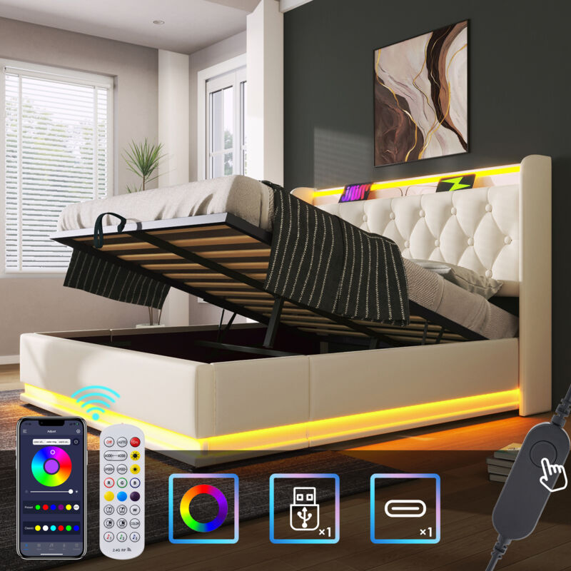 foto del prodotto letti contenitore per adulti bambini, led con telecomando, usb e type c, idraulico, pu, 160x200cm, senza materasso, bianco