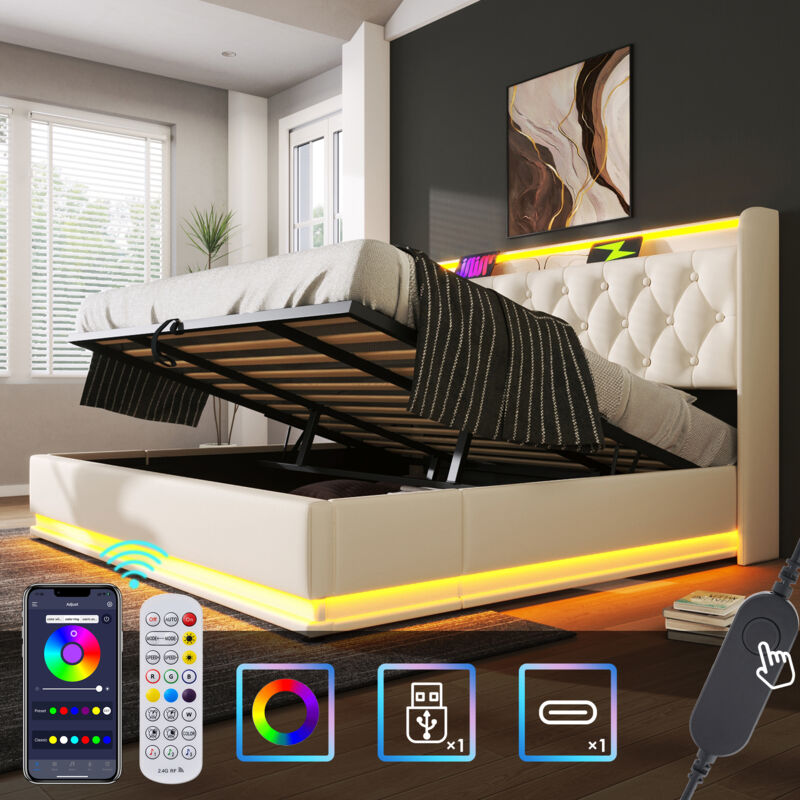foto del prodotto letti contenitore per adulti bambini, led con telecomando, usb e type c, idraulico, pu, 180x200cm, senza materasso, bianco