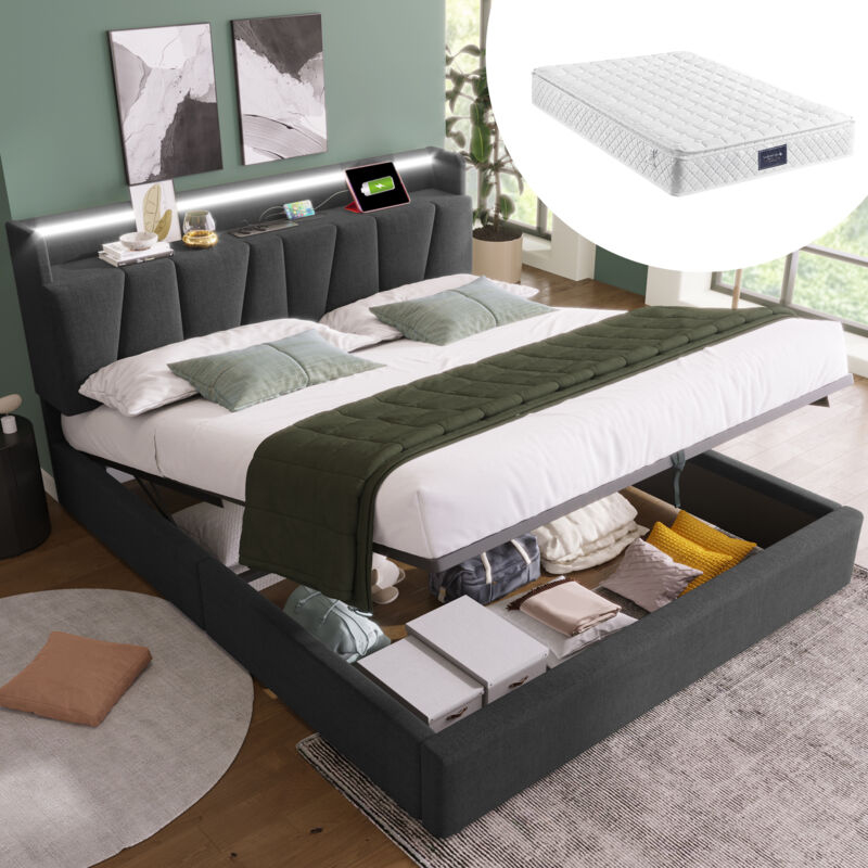 foto del prodotto letti contenitori 140x200 letti matrimoniale per adulti bambini, testiera con usb e led, grigio scuro, senza materasso