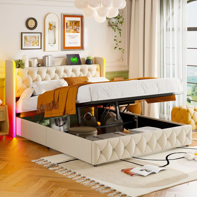 foto del prodotto letti contenitori 140x200,letto matrimoniale 140x200,letti per adulti, con fodera antipolvere, striscia luminosa a led colorata e porta usb, velluto,