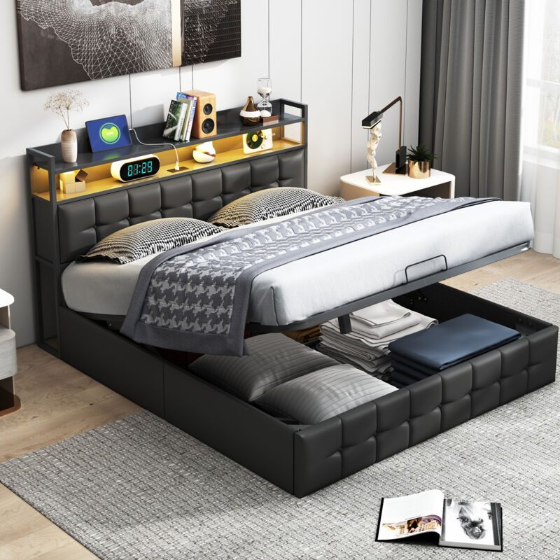 foto del prodotto letti contenitori 140x200,letto matrimoniale 140x200,letti per adulti, con rete a doghe, testiera con contenitore, luci led, pu, grigio