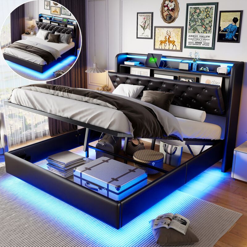foto del prodotto letti contenitori 140x200,letto matrimoniale 140x200,letti per adulti,contenitore nascosto nella testiera, con porta usb, stile contemporaneo,pu,nero