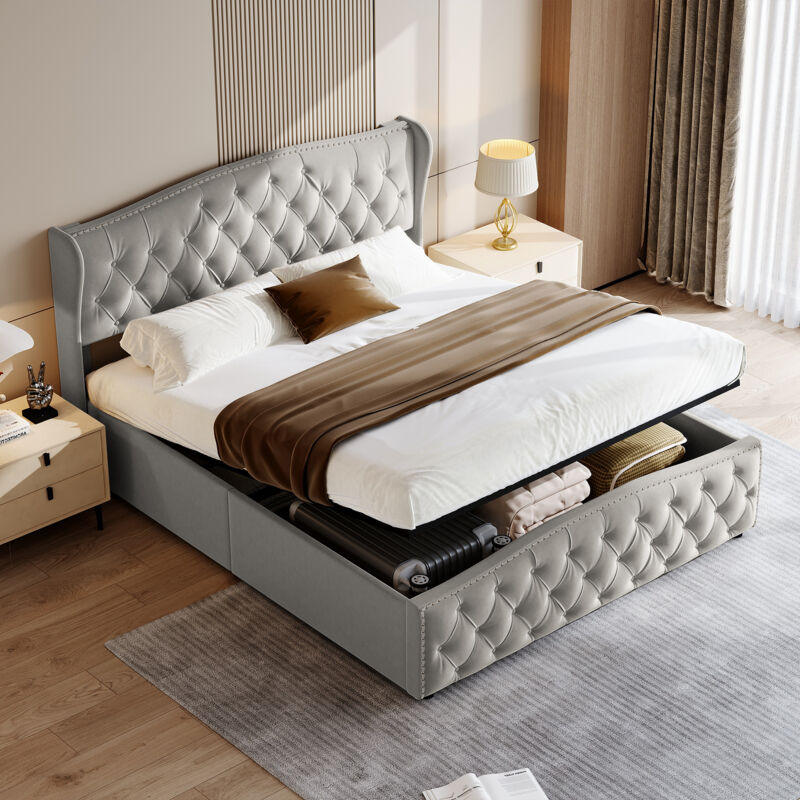 foto del prodotto letti contenitori 140x200,letto matrimoniale 140x200,letto adulti,con rete a doghe, testiera ondulata, design rivetto, tessuto velluto, grigio