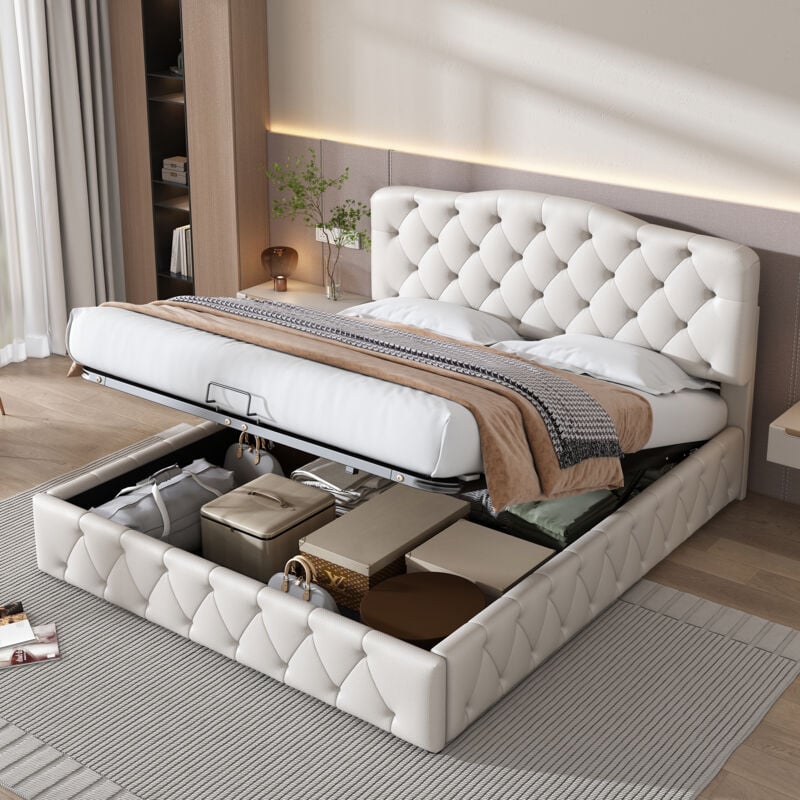 foto del prodotto letti contenitori 140x200cm letti matrimoniale, letti bambino adulto, testiera regolabile in altezza, idraulico, pu, senza materasso, bianco