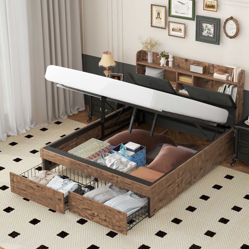 foto del prodotto letti contenitori 140x200cm letti matrimoniale per adulti bambini, 2 cassetti, testiera con contenitore, senza materasso, marrone nero