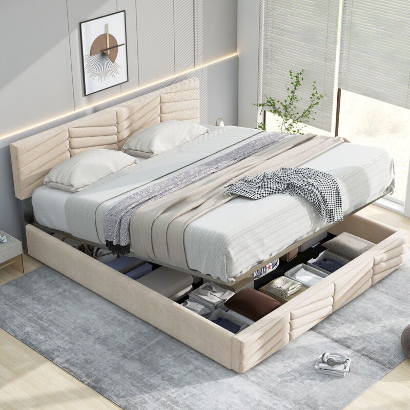 foto del prodotto letti contenitori 140x200cm letti matrimoniale per adulti bambini, testiera regolabile in altezza, velluto, senza materasso, beige
