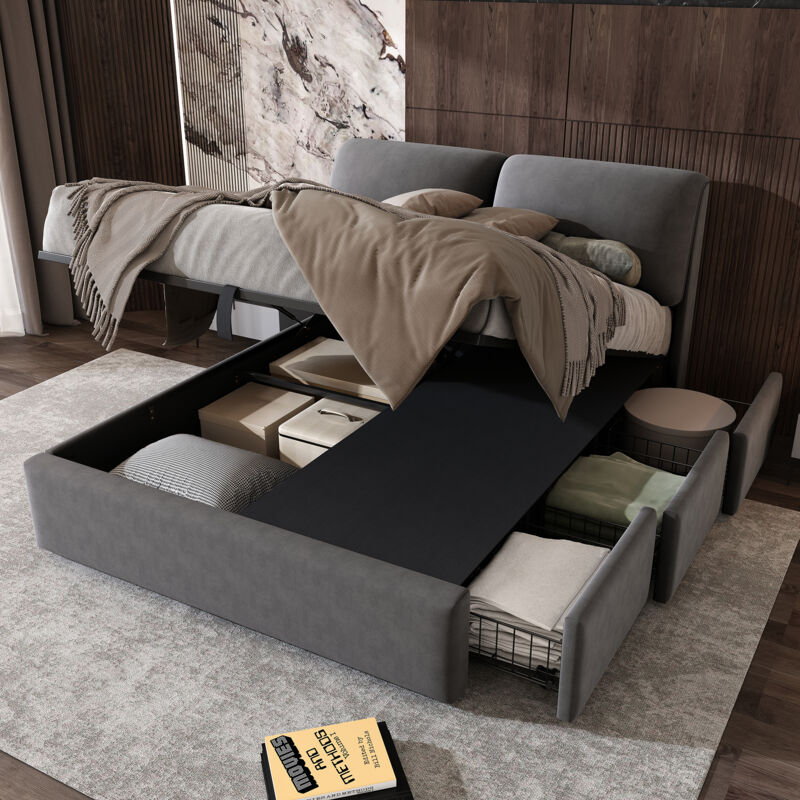 foto del prodotto letti contenitori 140x200cm letti matrimoniale per adulti con 3 cassetti, rete a doghe, senza materasso, velluto, grigio