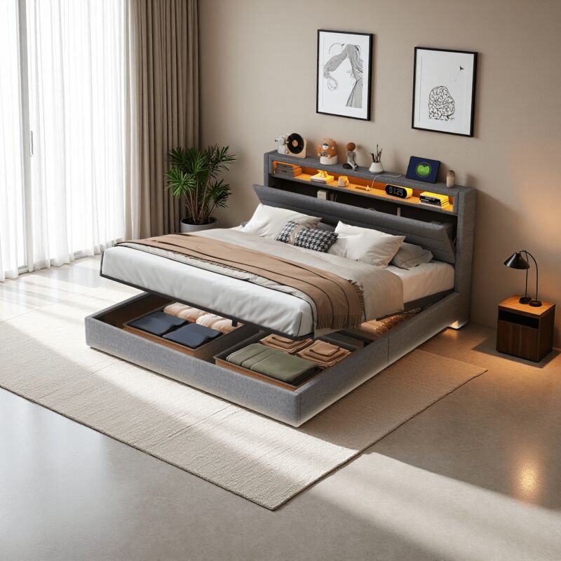 foto del prodotto letti contenitori 140x200cm letti matrimoniale per adulti, testiera con funzione contenitore, usb, led, lino, senza materasso, grigio