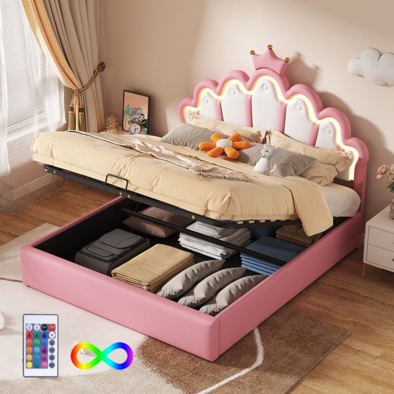 foto del prodotto letti contenitori 140x200cm letti matrimoniale per bambini, testiera con modanatura a corona, led, pu, senza materasso, rosa modfu