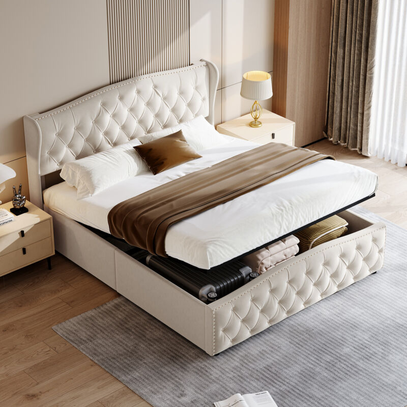 foto del prodotto letti contenitori 160x200,letto matrimoniale 160x200,letto adulti,con rete a doghe, testiera ondulata, design rivetto, tessuto velluto, beige
