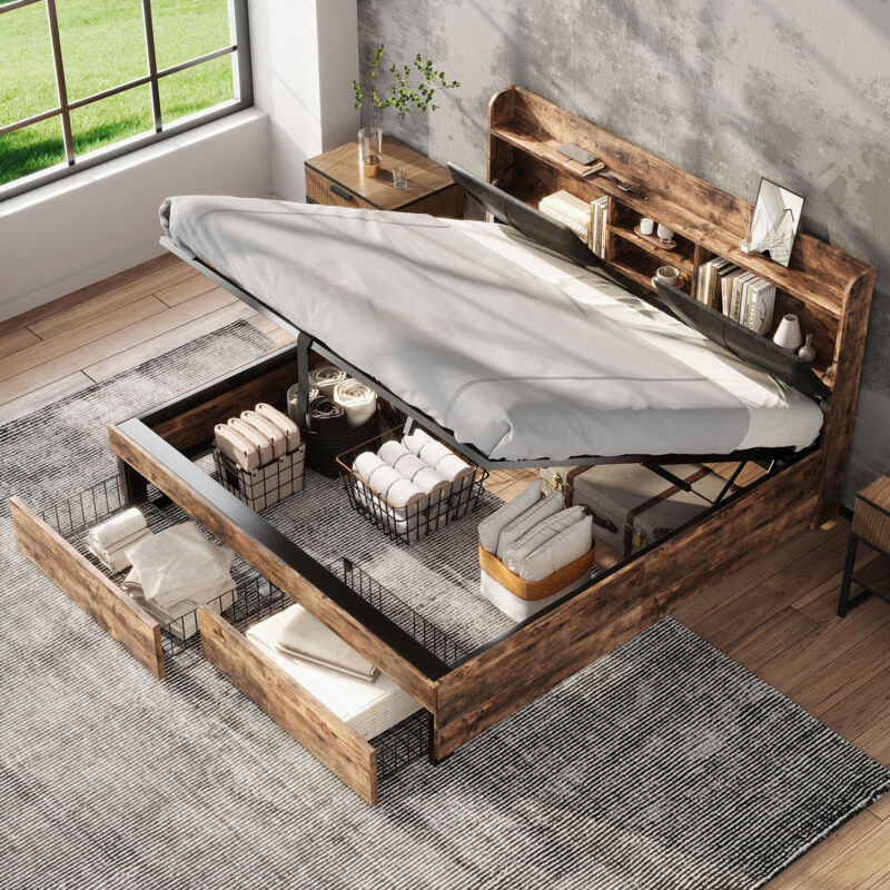 foto del prodotto letti contenitori 160x200cm letti matrimoniale per adulti, 2 cassetti, testiera con contenitore, idraulico, mdf e metallo, senza materasso,