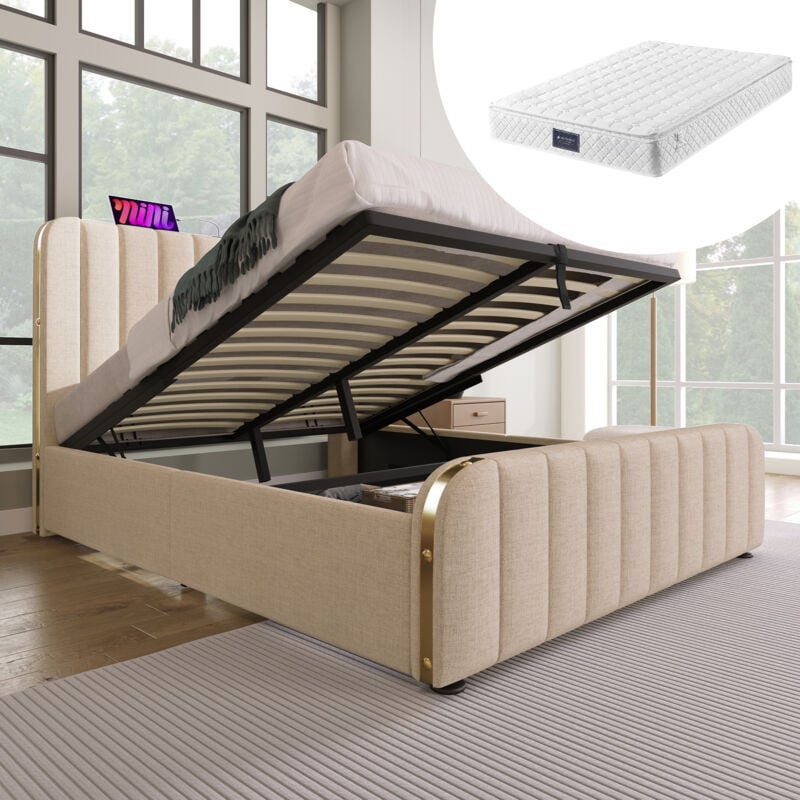 foto del prodotto letti contenitori 160x200cm letti matrimoniale per adulti bambini, usb, type c, lino, materasso incluso, beige